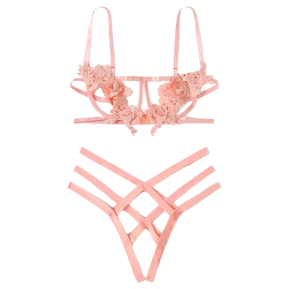 DCLF Strappy Cutout Floral Lace Applique Two Piece Lingerie Set